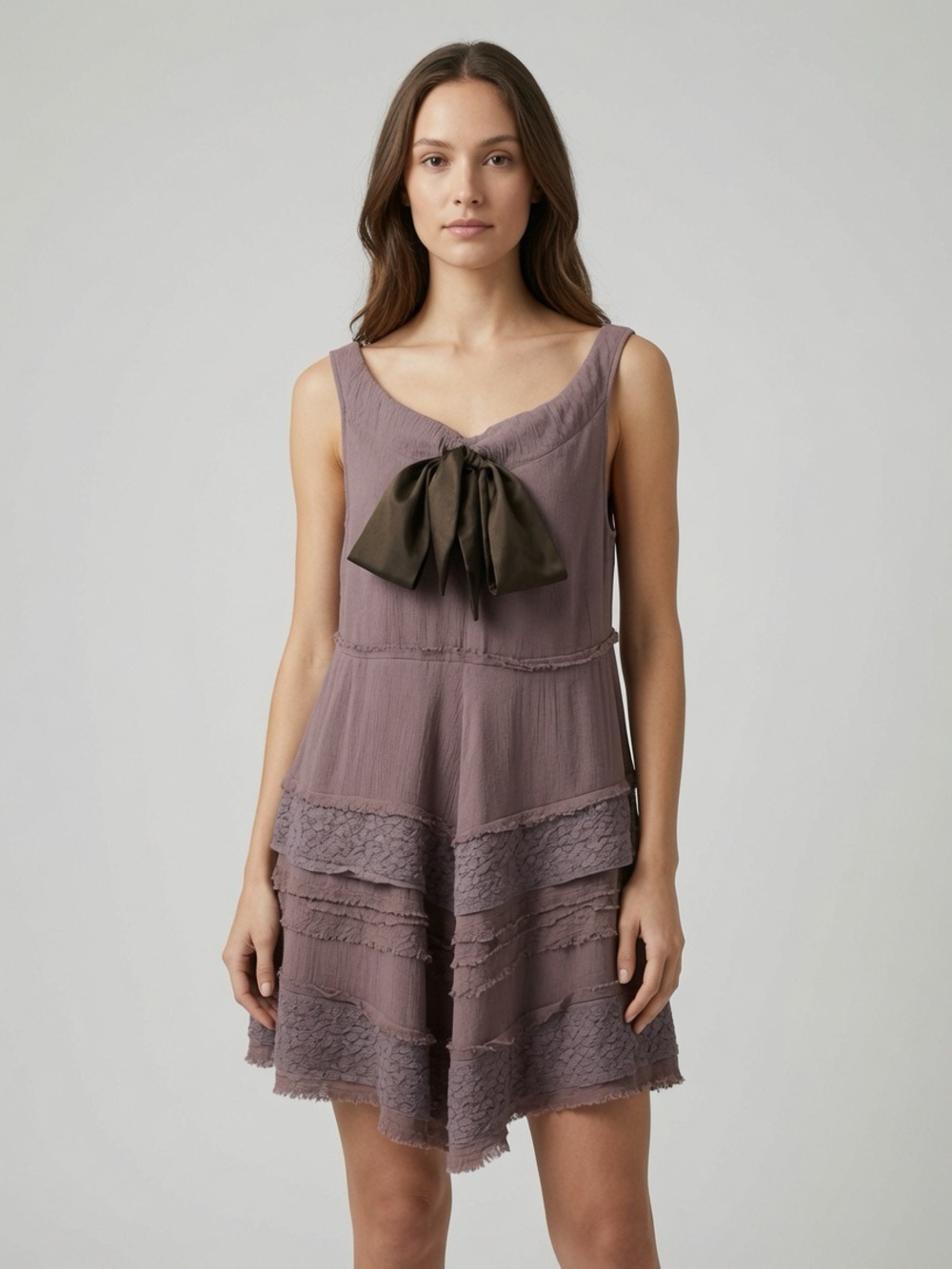 Anthropologie Mauve Sleeveless Mini Dress with Contrast Bow 100% cotton